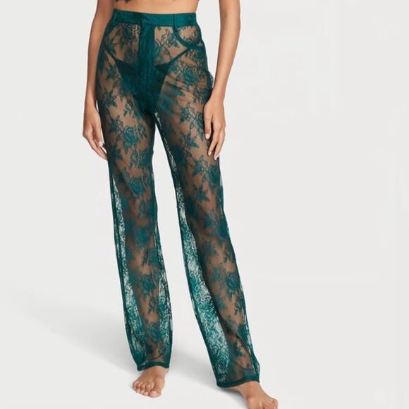 🔥NEW VICTORIA'S SECRET VS Archives Rose Lace Pants Deepest Green - Picture 5 of 9